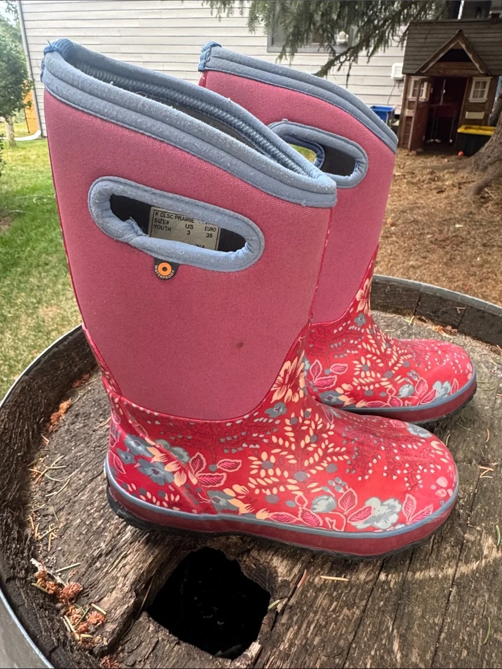 Bogs Pink Floral Kids Pull-On Rain Boots with Gray Trim
